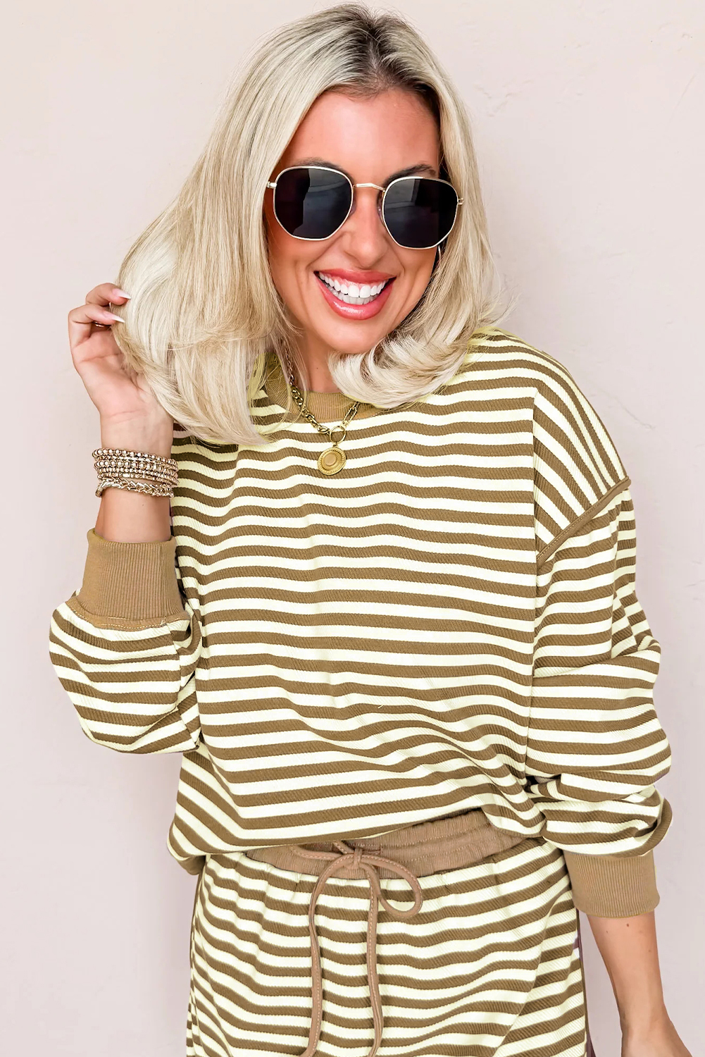 Black Stripe Textured Drop Shoulder Pullover Top Drawstring Mini Skort Two Piece Dress Set - loveforevers
