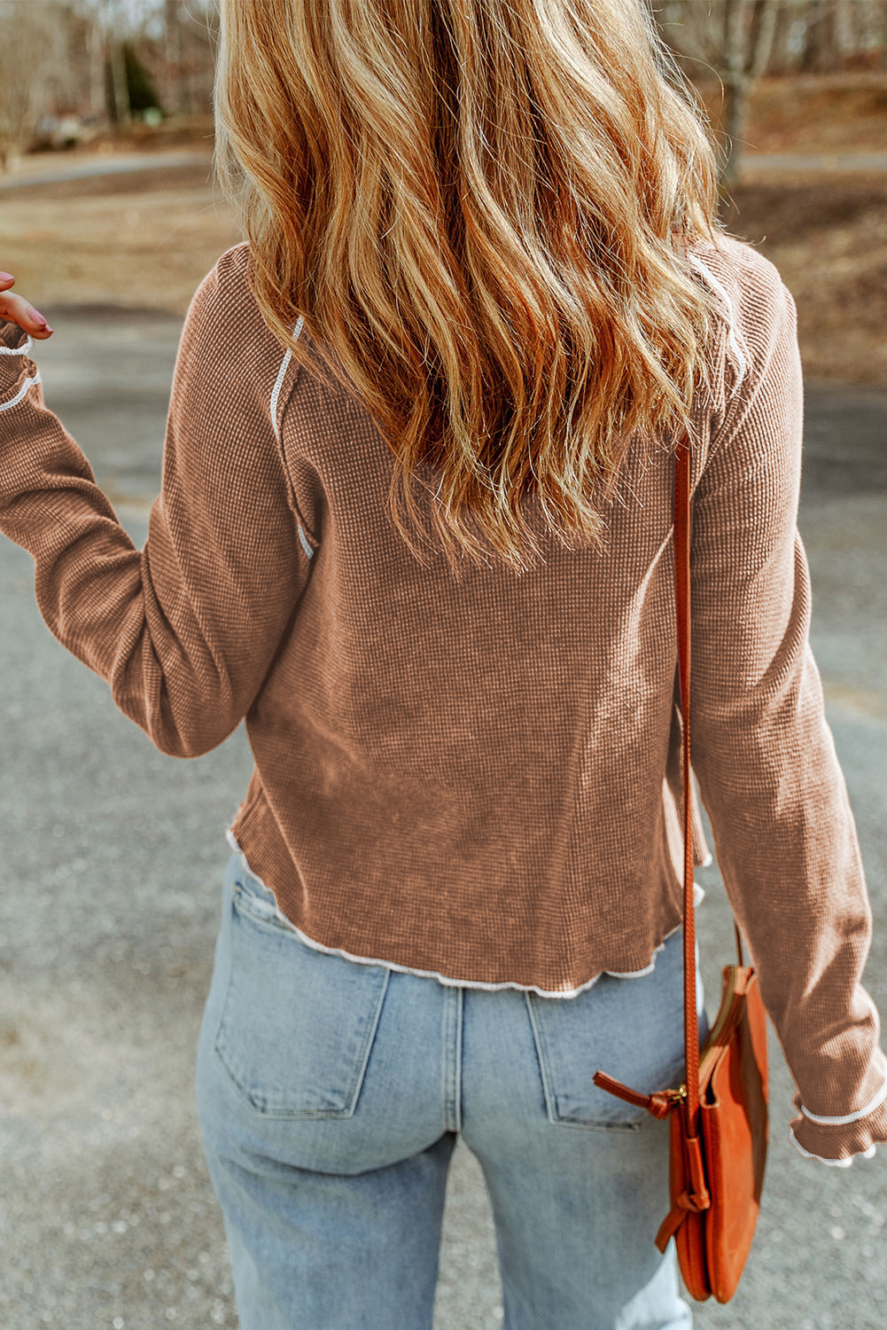 Smoke Gray Textured Round Neck Long Sleeve Top - loveforevers