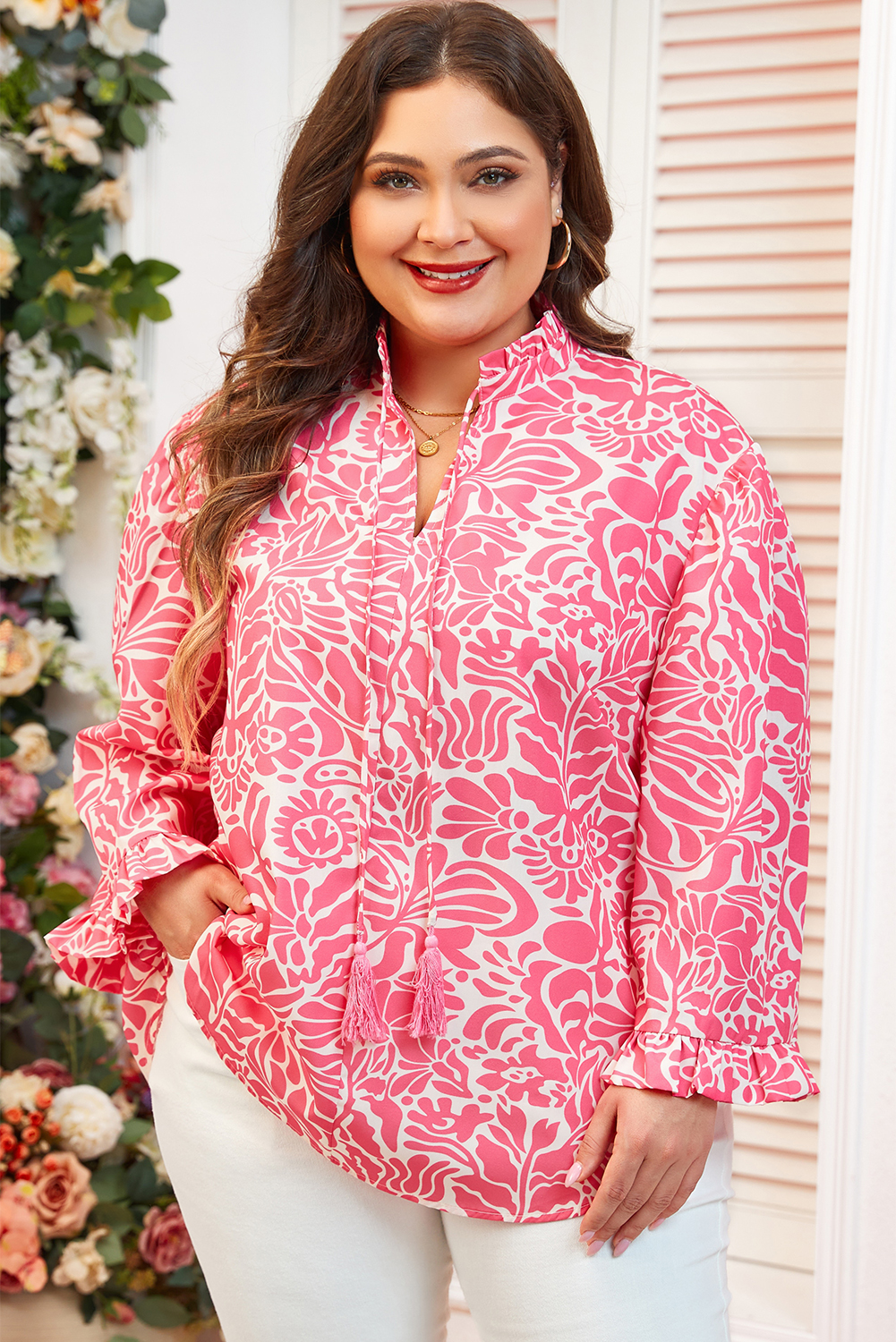 Pink Plus Size Floral Print Frilled Neck Puff Sleeve Top - loveforevers