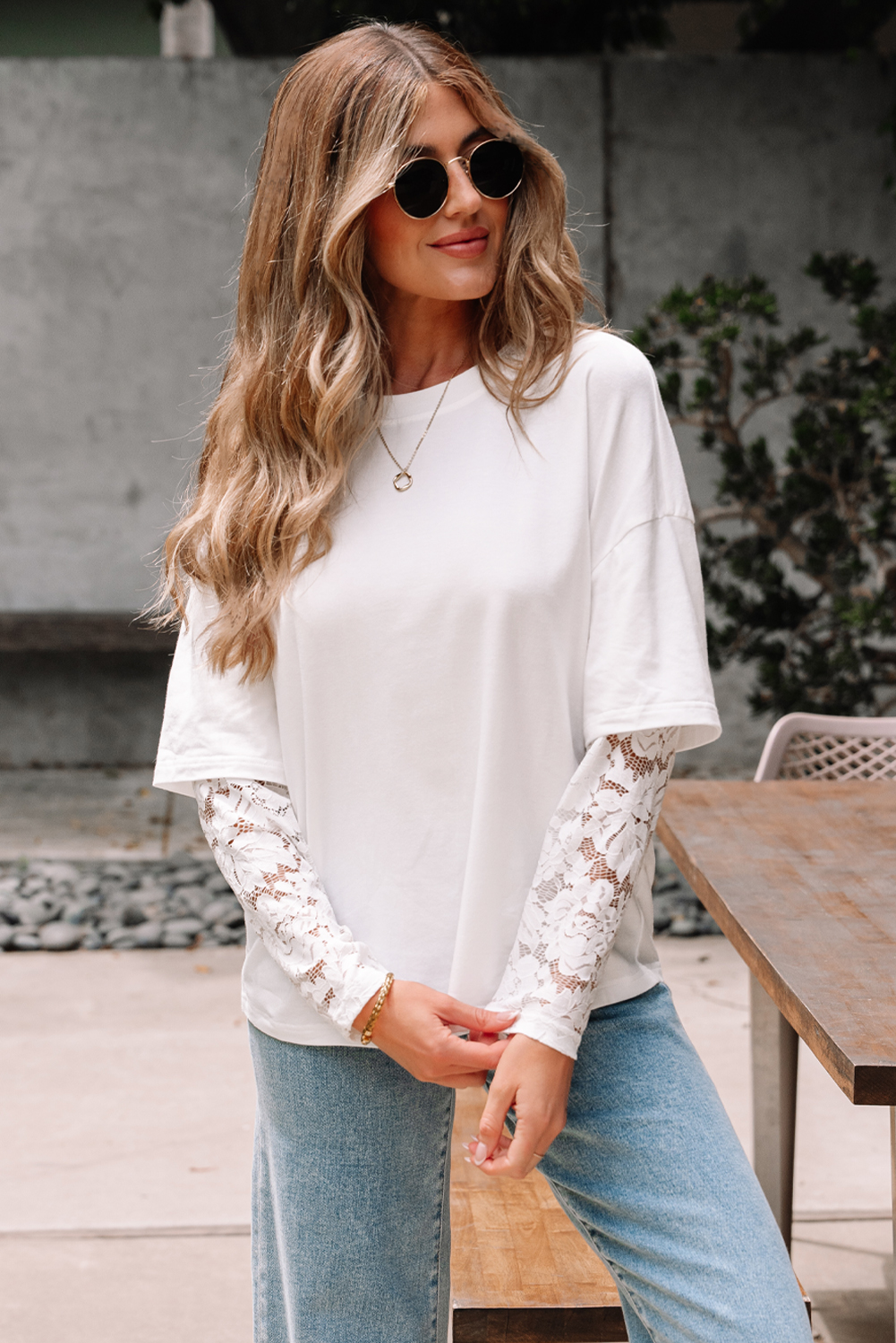 Black Lace Long Sleeve Insert Drop Shoulder Tee - loveforevers