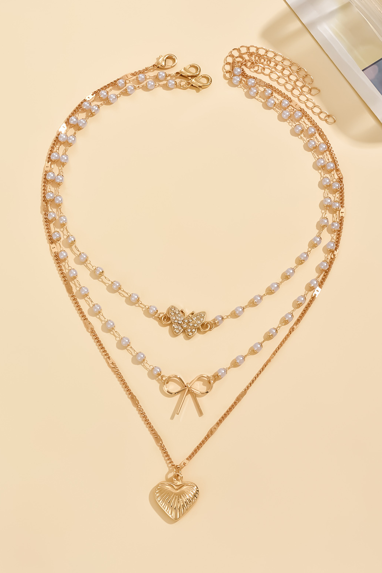 Gold Shell Heart Bow Butterfly Charm 3pcs Pearl Embellished Necklace Set - loveforevers