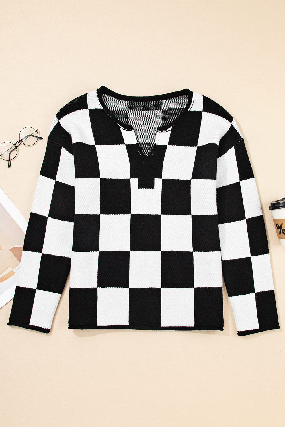 Black Checked Notched Neckline Drop Shoulder Knit Sweater - loveforevers
