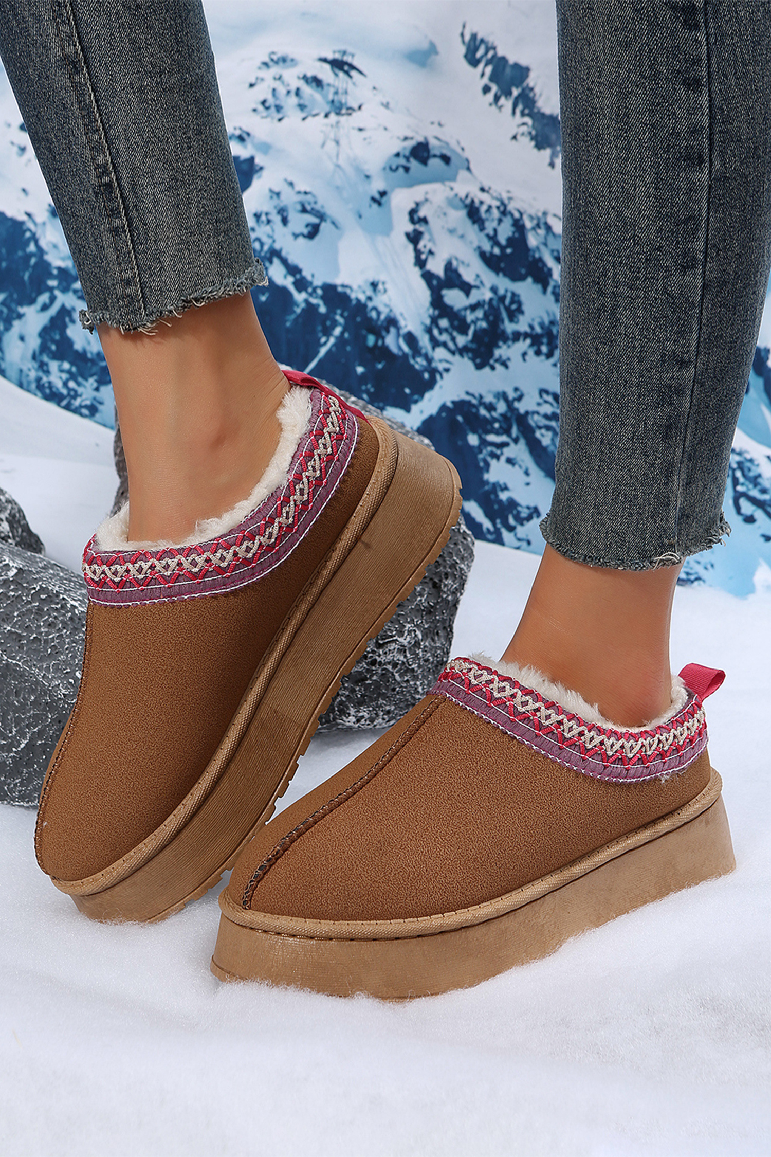 Chestnut Contrast Print Suede Plush Lined Snow Boots - loveforevers