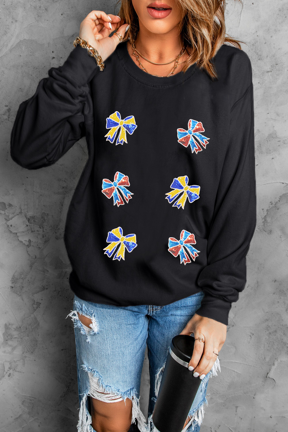Black Shimmering Bow Patched Pattern Game Day Sweatshirt - loveforevers