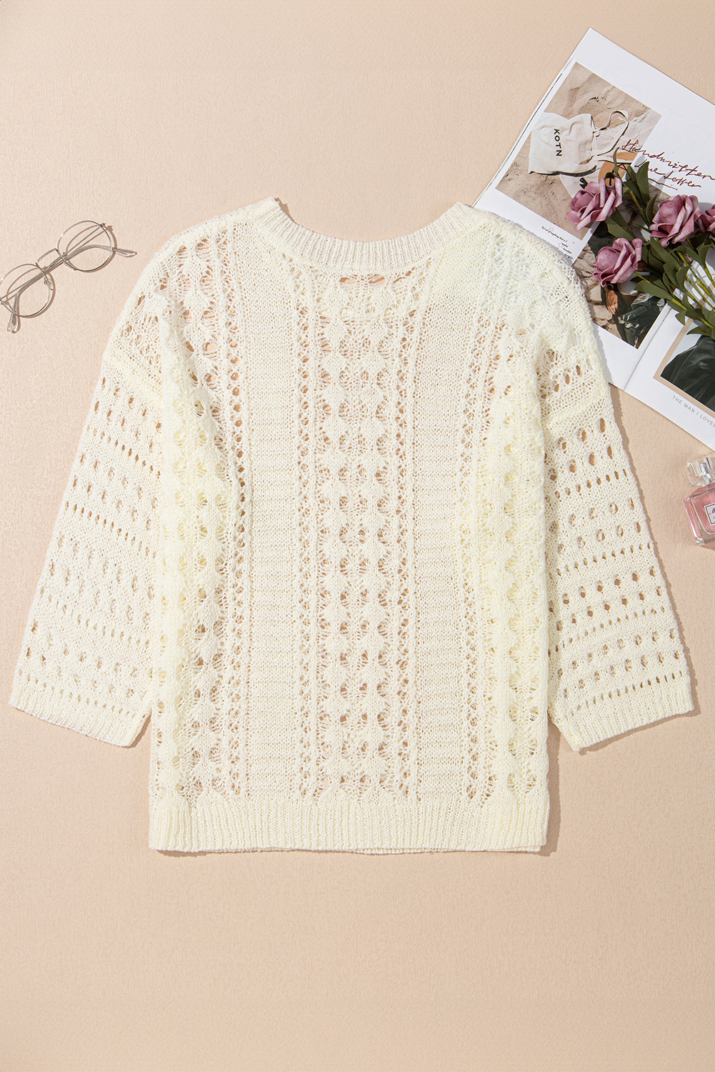 White Hollow Out Knit Bracelet Sleeve Drop Shoulder Sweater - loveforevers
