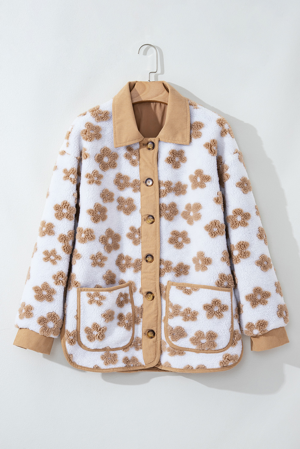 Light French Beige Cute Flower Pattern Button Up Fleece Jacket - loveforevers