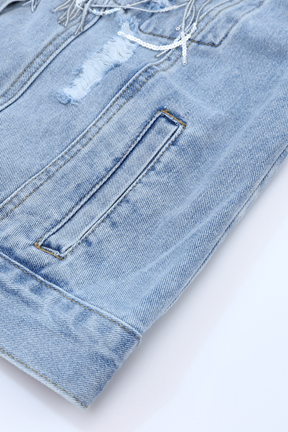 Sky Blue Sequin Embellished Fringe Distressed Denim Jacket - loveforevers