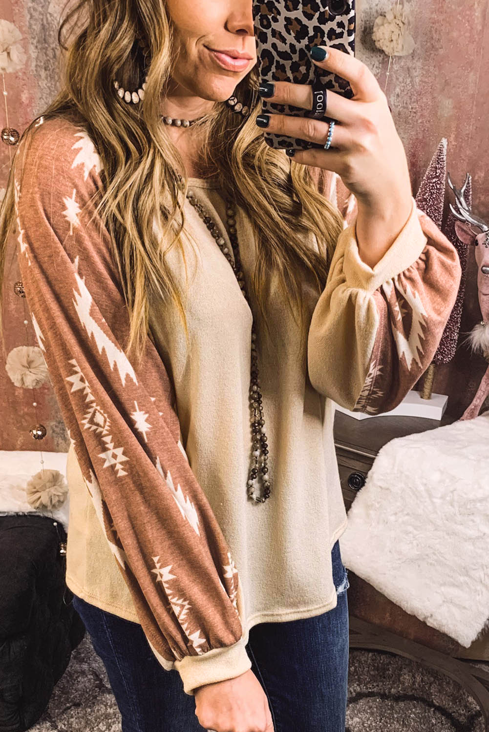 Apricot Western Print Patch Long Sleeve Top - loveforevers