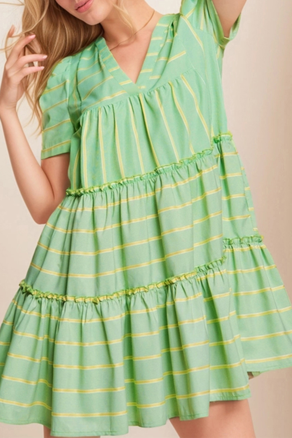 Green Stripe V Neck Short Sleeve Frilled Detail A-line Dress - loveforevers