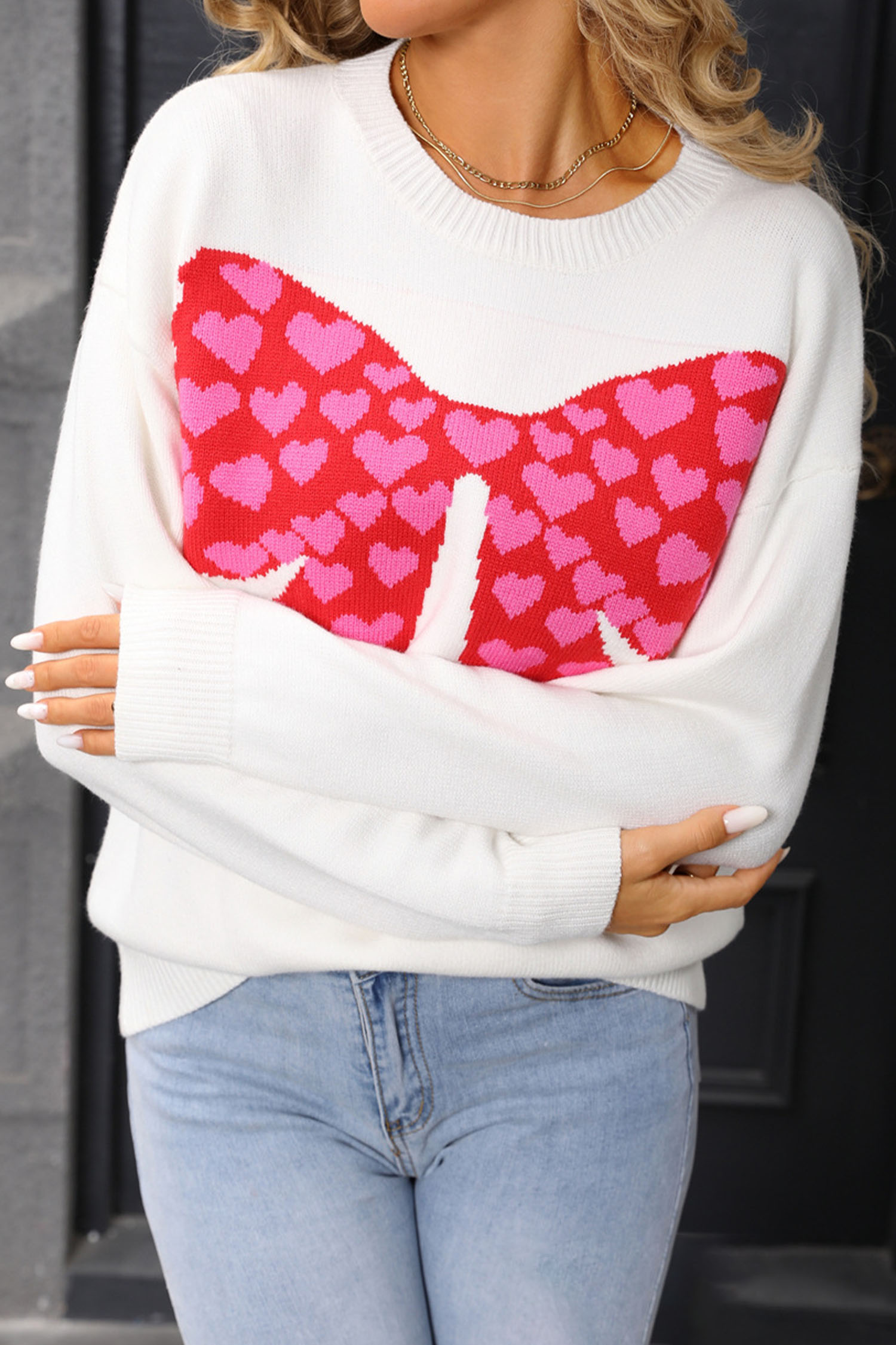 White Heart Bow Graphic Valentine Sweater - loveforevers