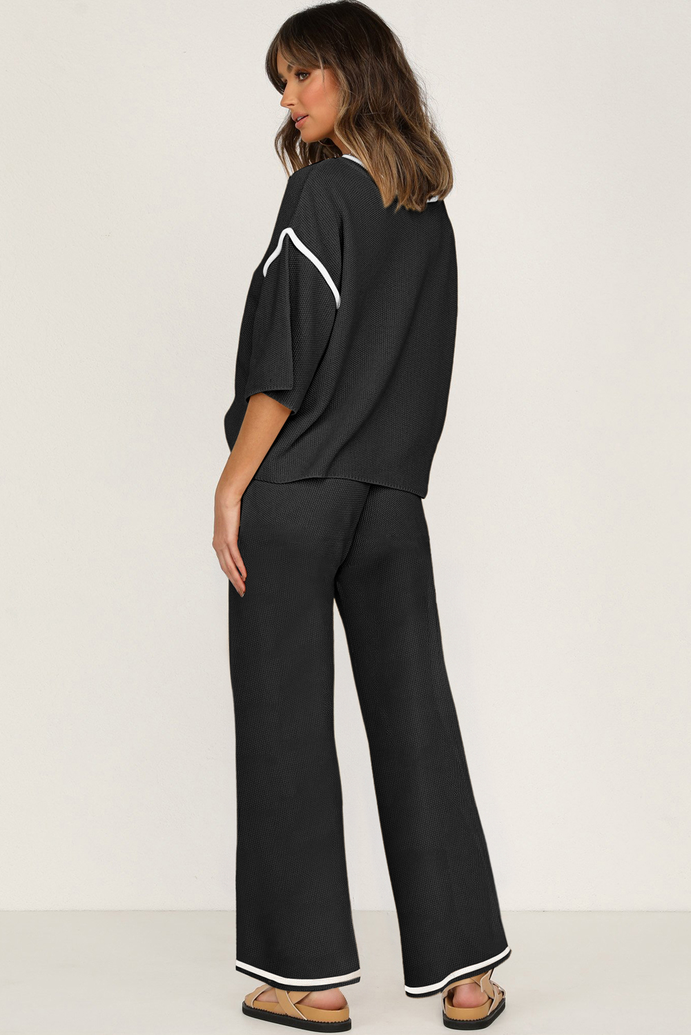 Blackish Green Contrast Trim Half Sleeve Top Drawstring Pants Loose 2pcs Sweater Suit - loveforevers