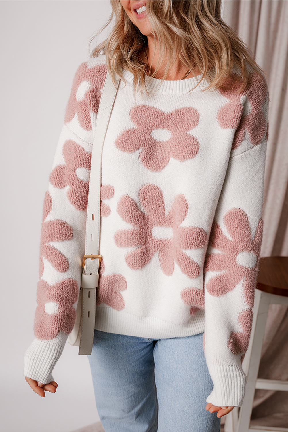 White Textured Flower Drop Shoulder Loose Sweater - loveforevers