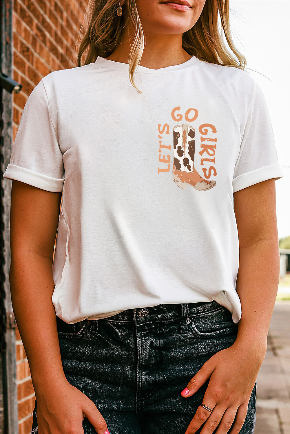 White Western Cowboy Boots Print Round Neck T Shirt - loveforevers