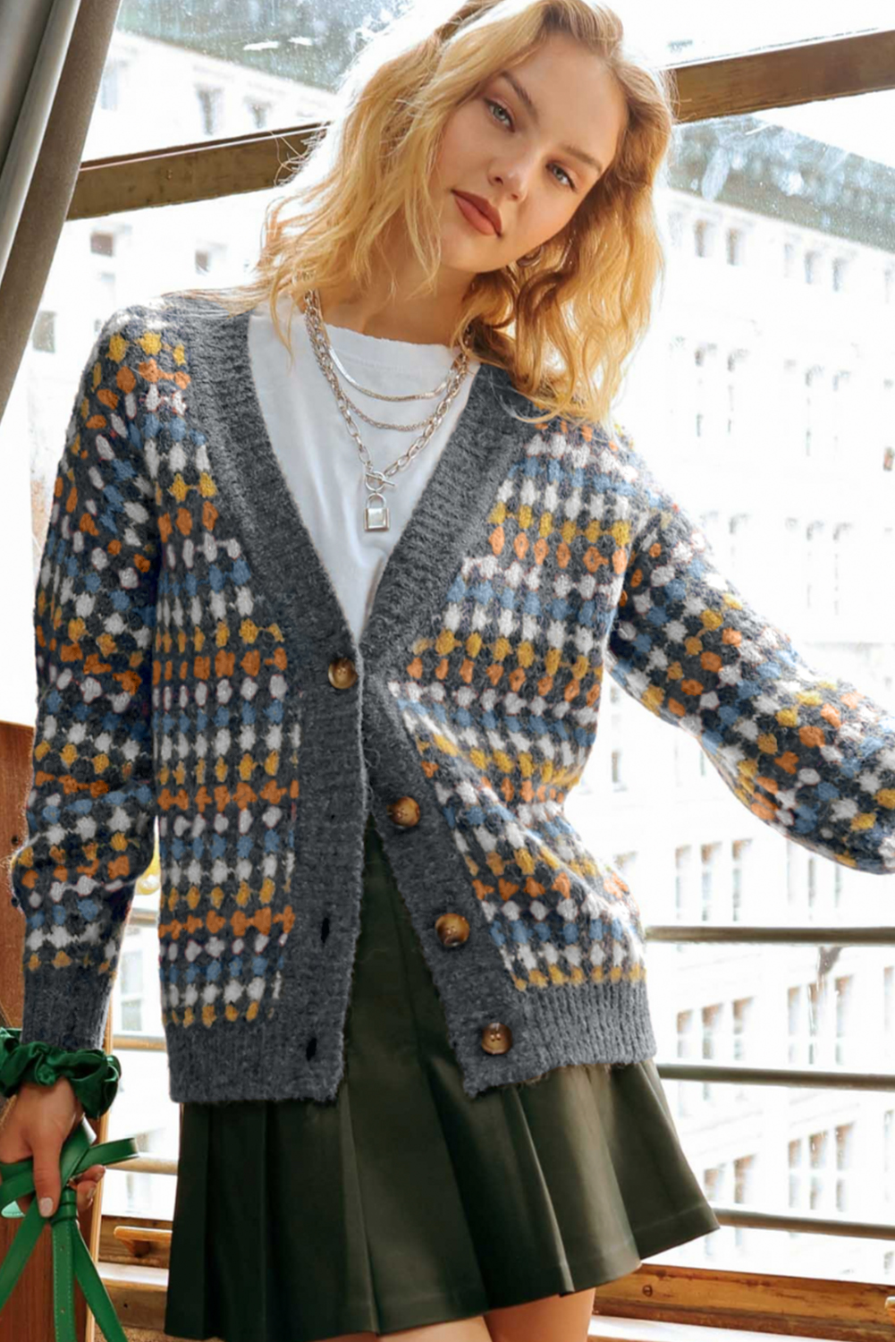 Gray Dotty Pattern Knit Button Front V Neck Sweater Cardigan - loveforevers