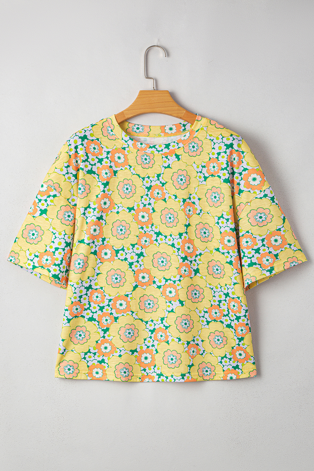 Yellow Summer Flower Printed Drop Shoulder Loose T Shirt - loveforevers