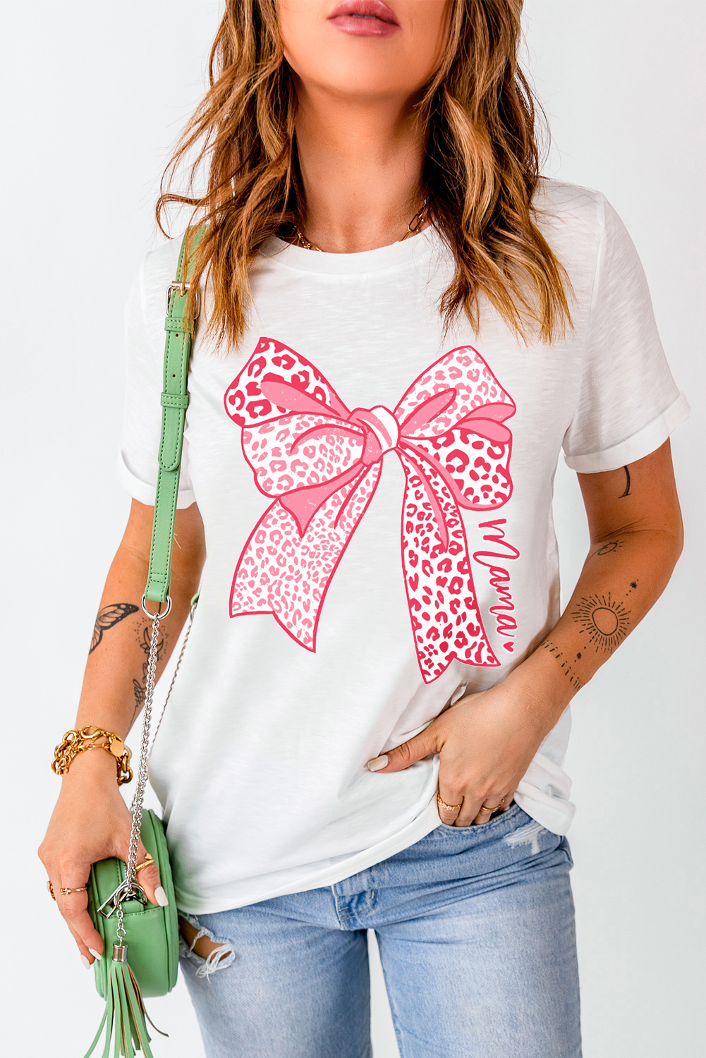 White Leopard Bow Graphic Mothers Day Fashion T Shirt - loveforevers