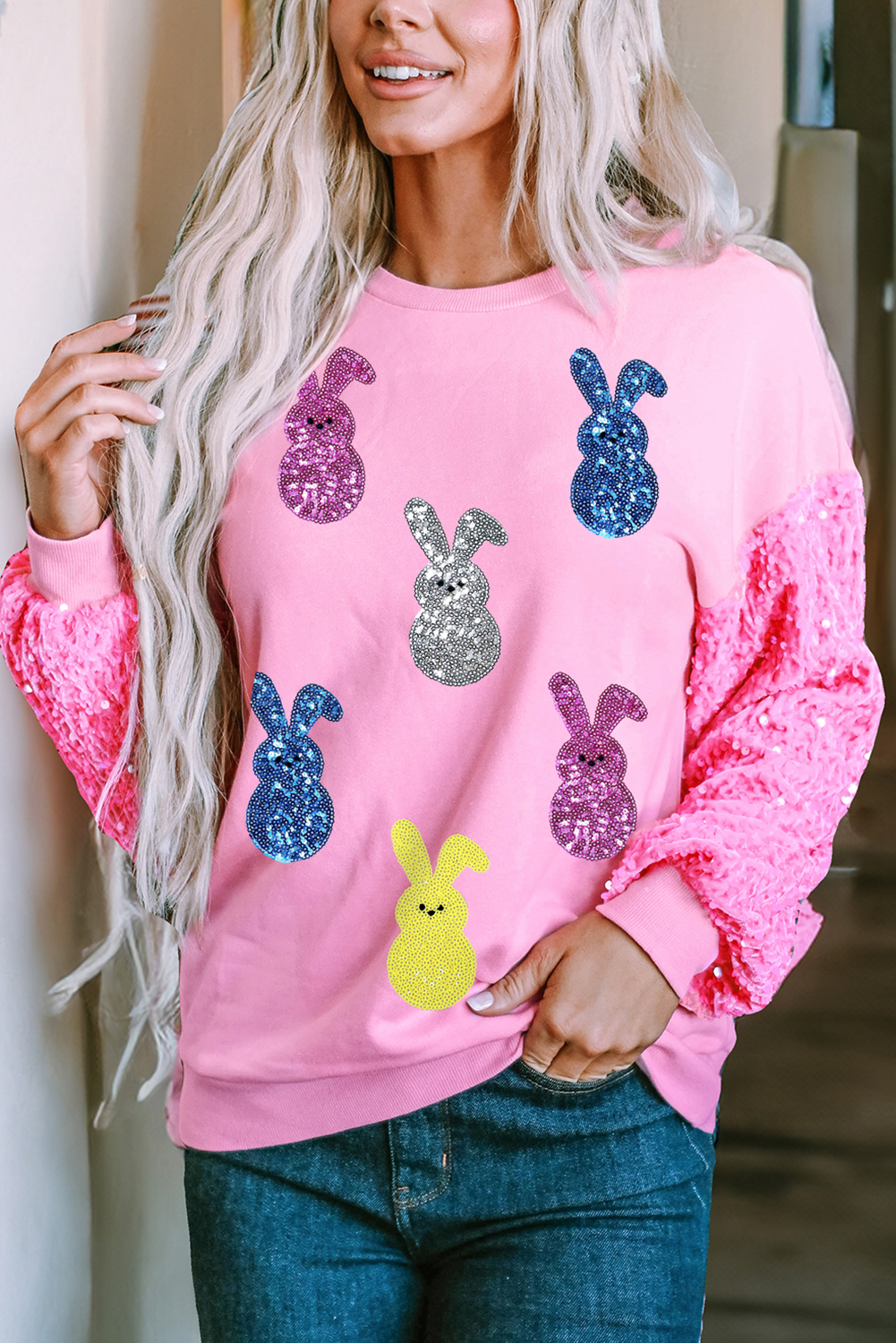 Pink Sequin Bunny Doll Contrast Long Sleeve Patchwork Top - loveforevers