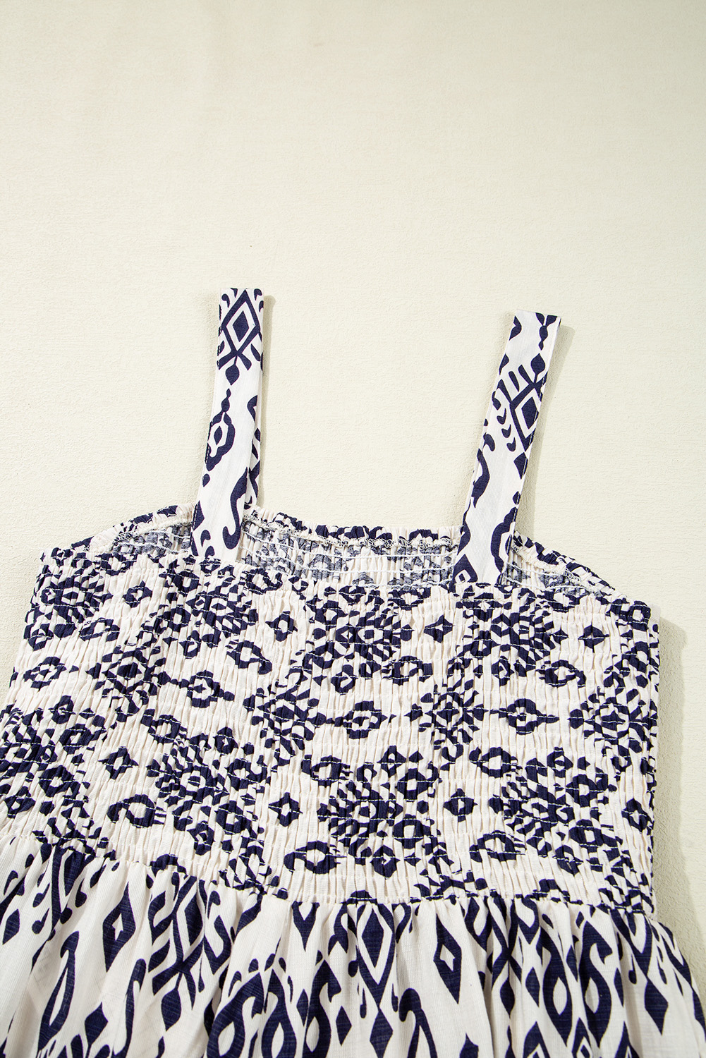 Blue Boho Geometric Print Shirred High Waist Wide Leg Jumpsuit - loveforevers