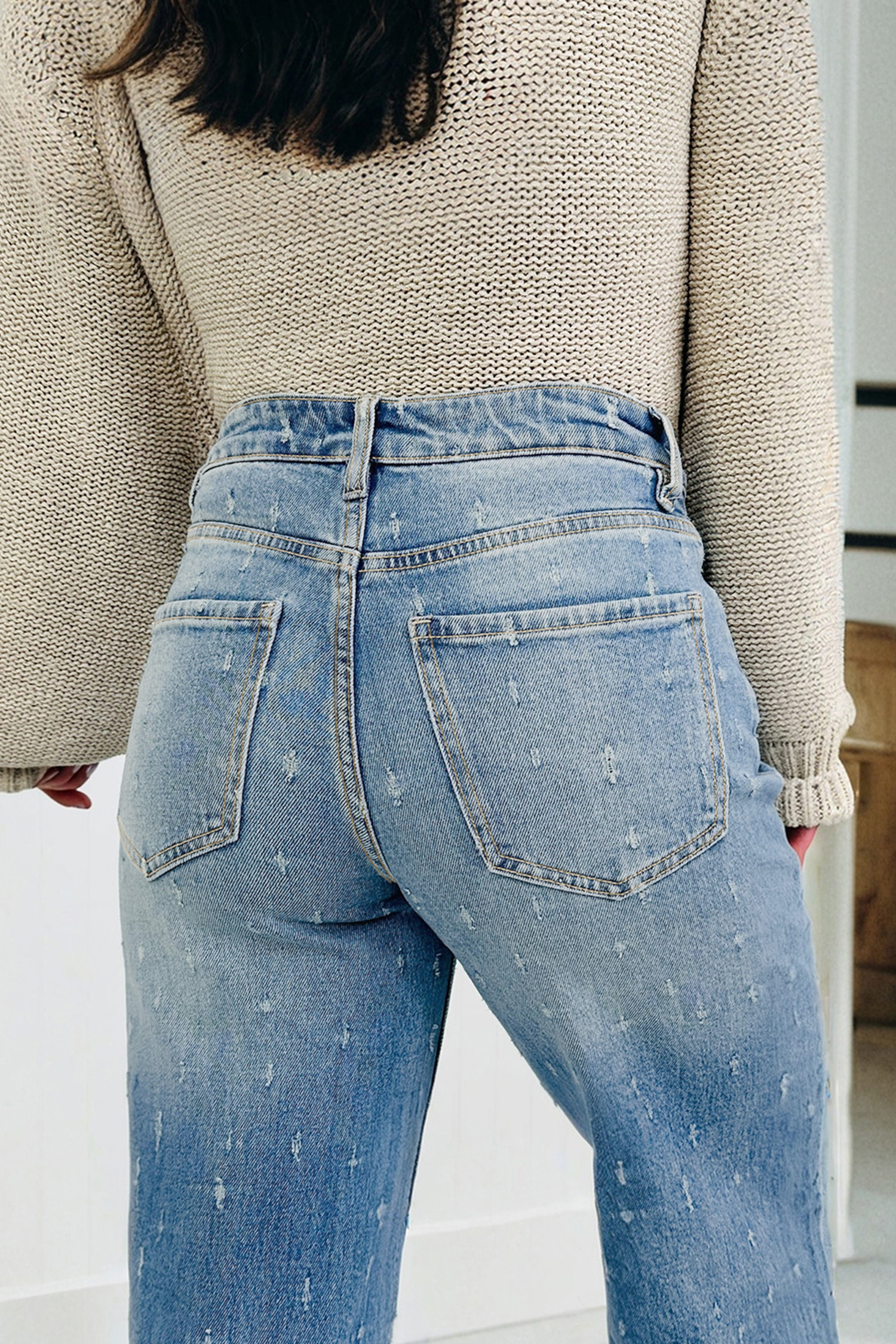 Mist Blue Distressed Detail Tummy Control Raw Hem Jeans - loveforevers