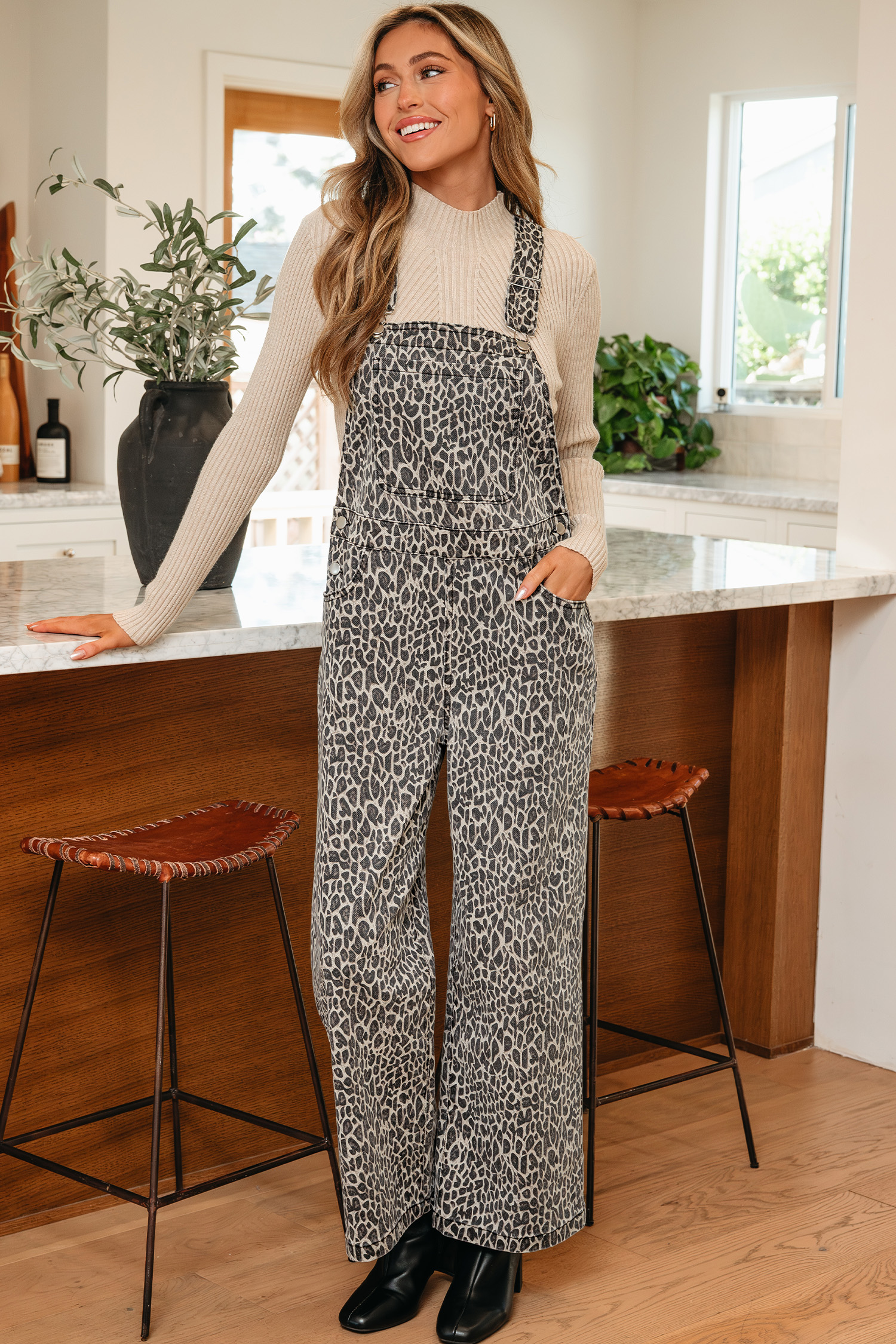 Brown  Leopard Print Straight Leg Loose Denim Overall Jumpsuit - loveforevers