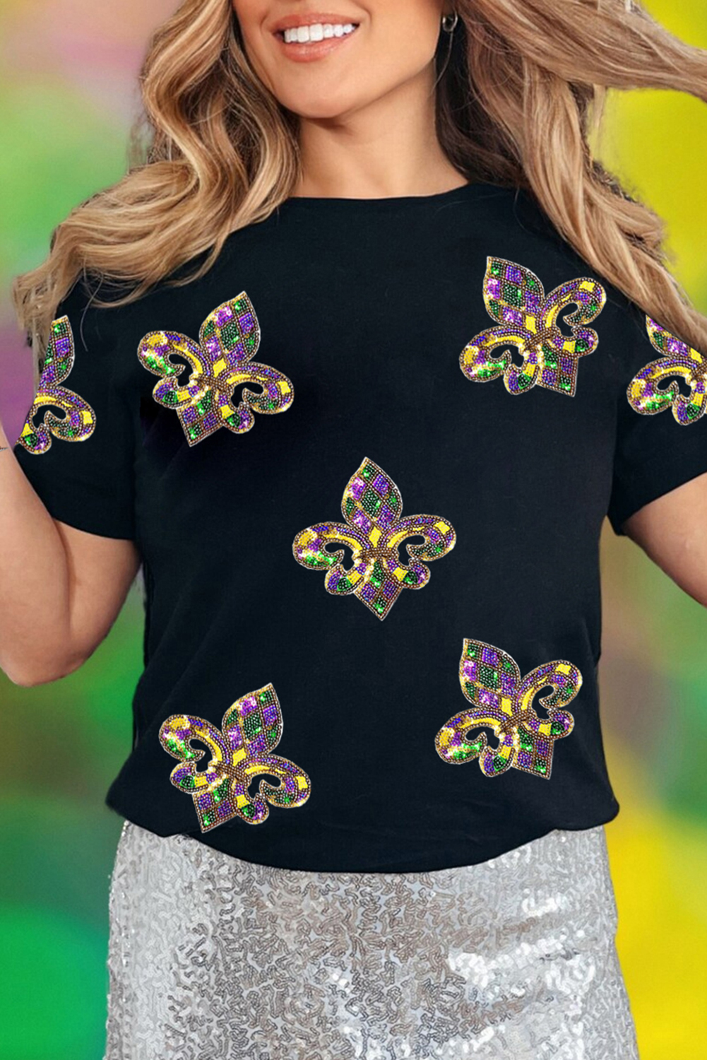 White Maid Gras Sequin Fleur de Lis Graphic T Shirt - loveforevers