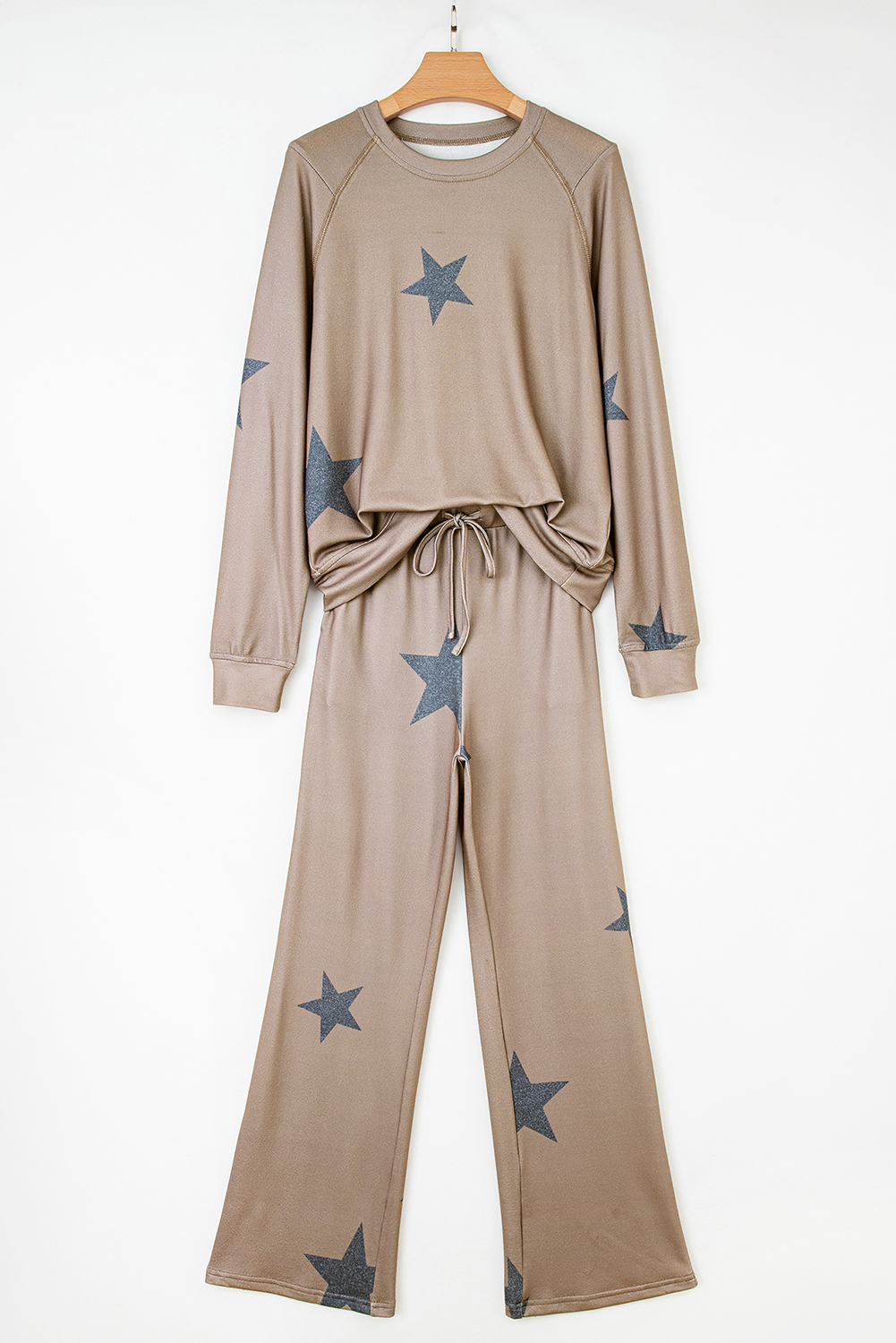 Khaki Retro Star Print Loose Long Sleeve Drawstring Wide Leg 2pcs Lounge Set - loveforevers