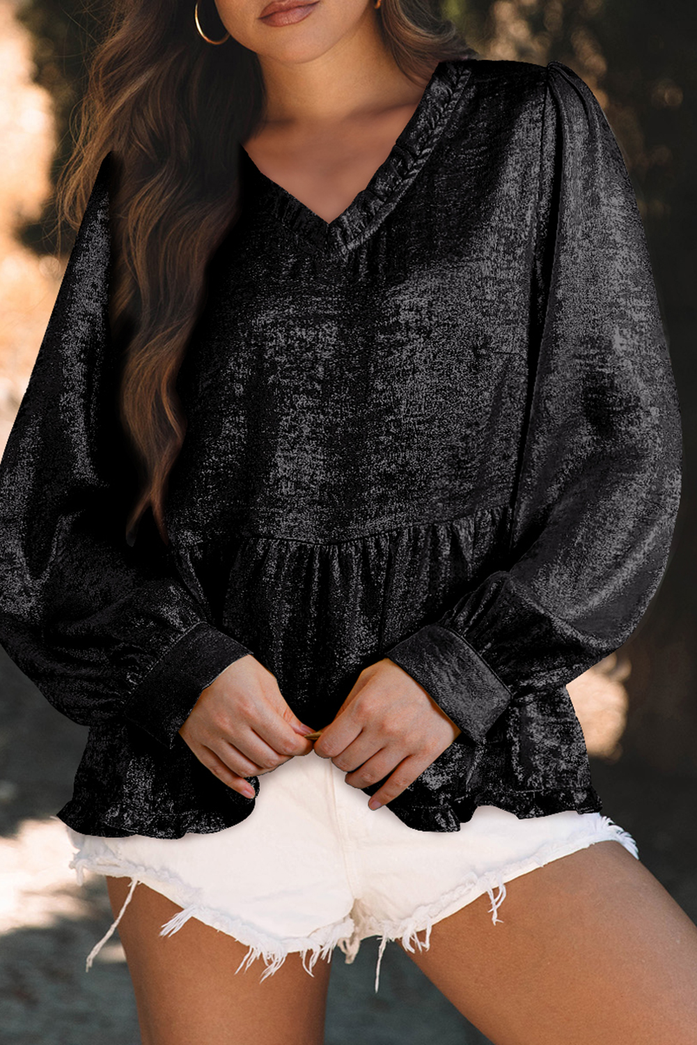 Dearlovers Gold Metallic Frilled V Neck Puff Sleeve Babydoll Blouse - loveforevers