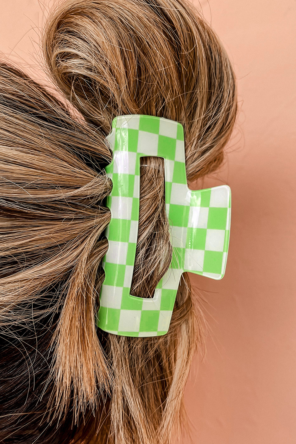 Light Green Checkered Print Hollow Out Hair Clip - loveforevers