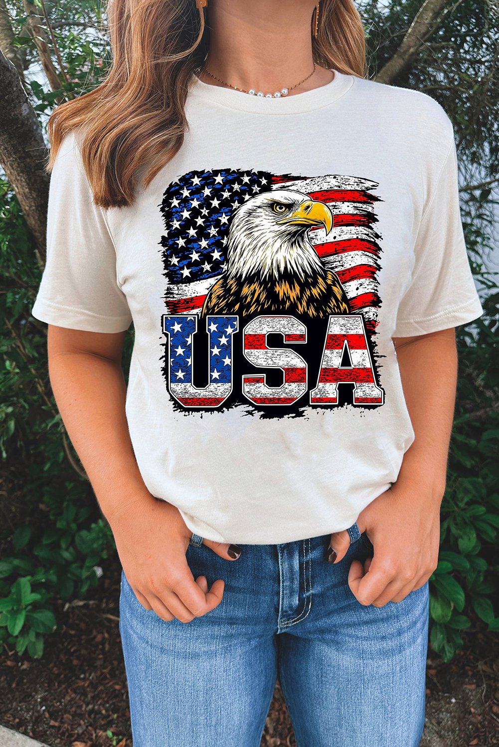 White USA Flag Eagle Graphic 4th July T Shirt - loveforevers