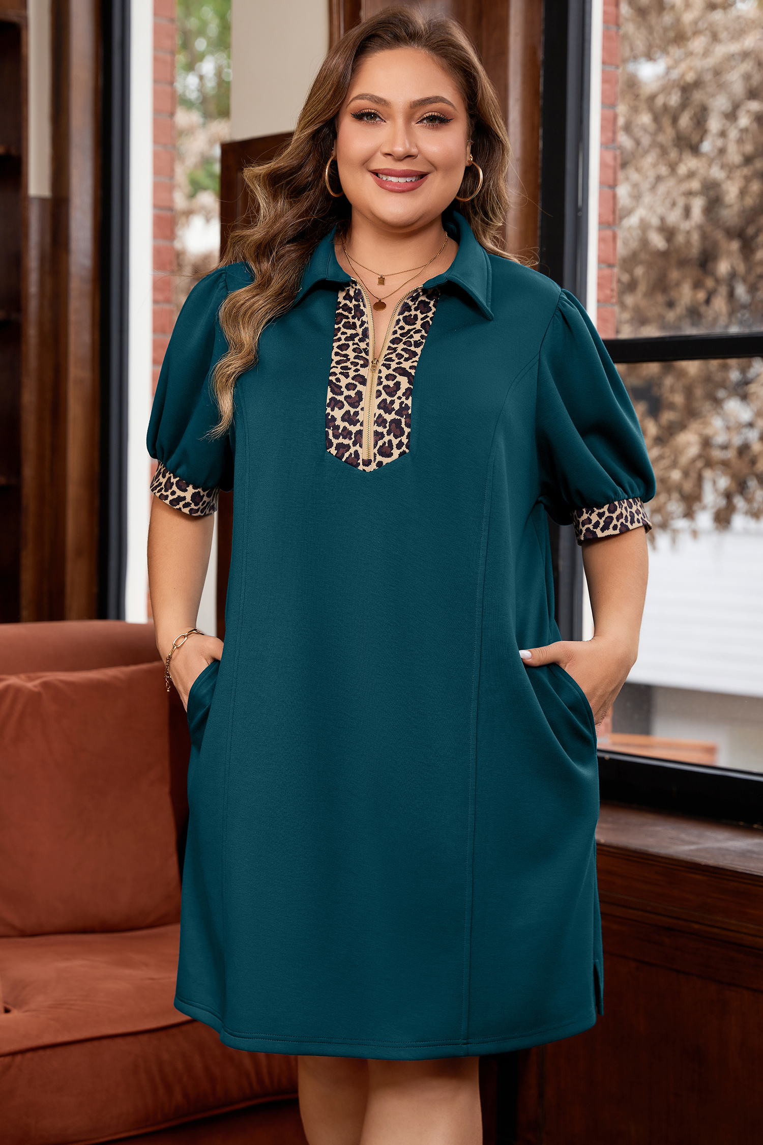 Sea Green Leopard Patchwork Detail Quarter Zip Collared Plus Size Mini Dress - loveforevers