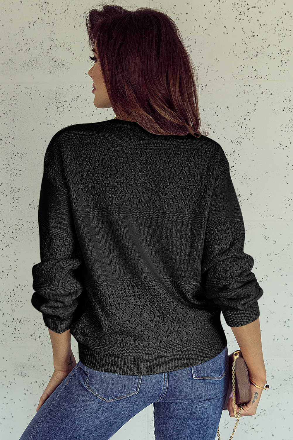 Sky Blue Eyelet Pattern Detail V Neck Drop Shoulder Sweater - loveforevers