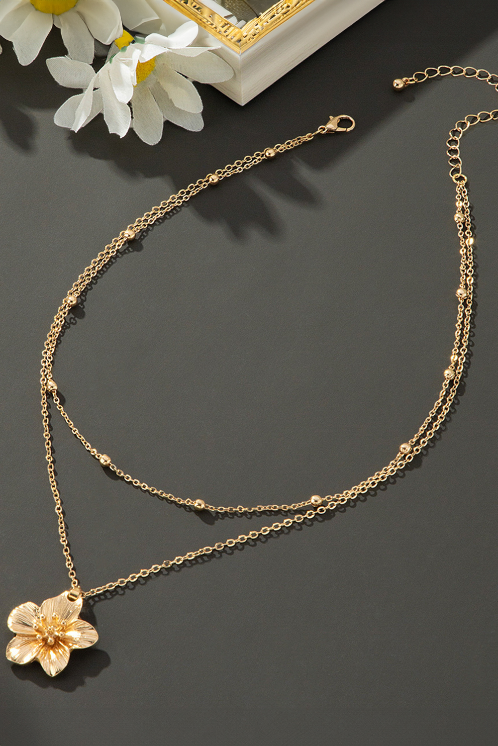 Gold Flower Pendant Beaded Double Chain Plated Necklace - loveforevers