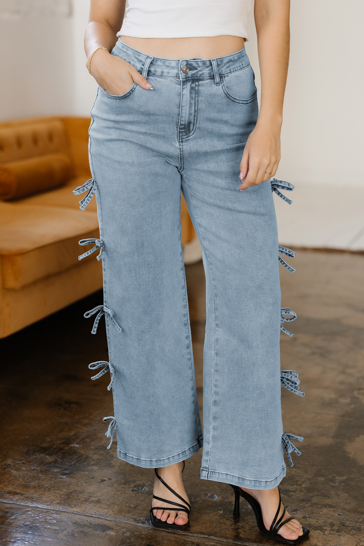 White Bow Knot Side Detail Straight Leg Loose Jeans - loveforevers