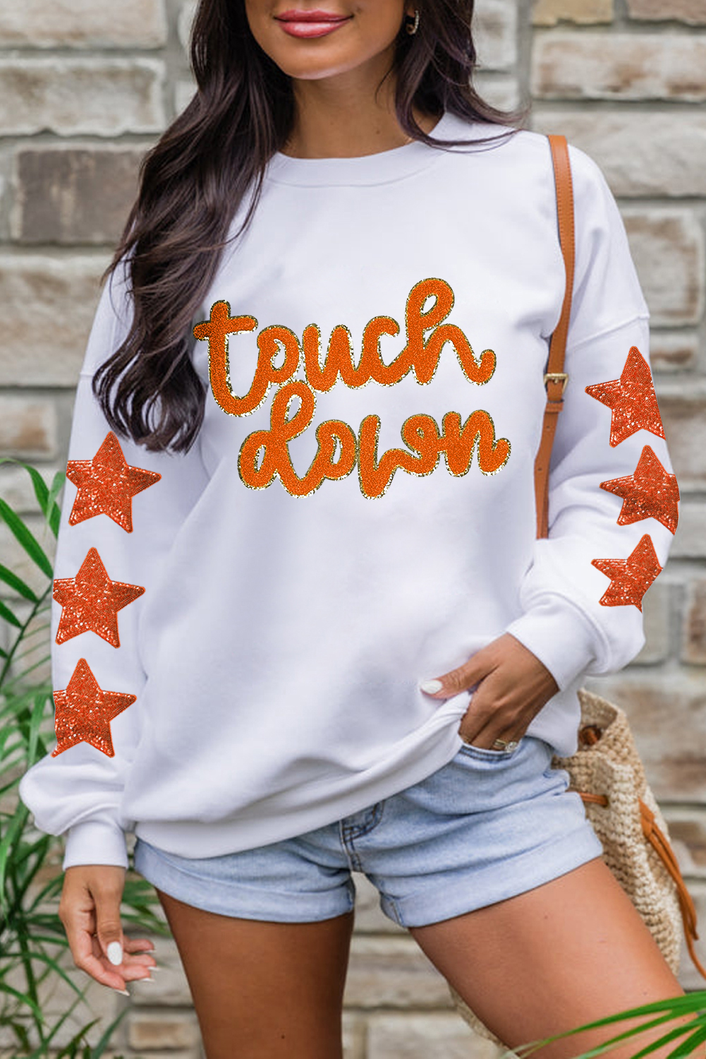 Beige Glittering Touch Down Patched Pattern Star Sleeve Sweatshirt - loveforevers