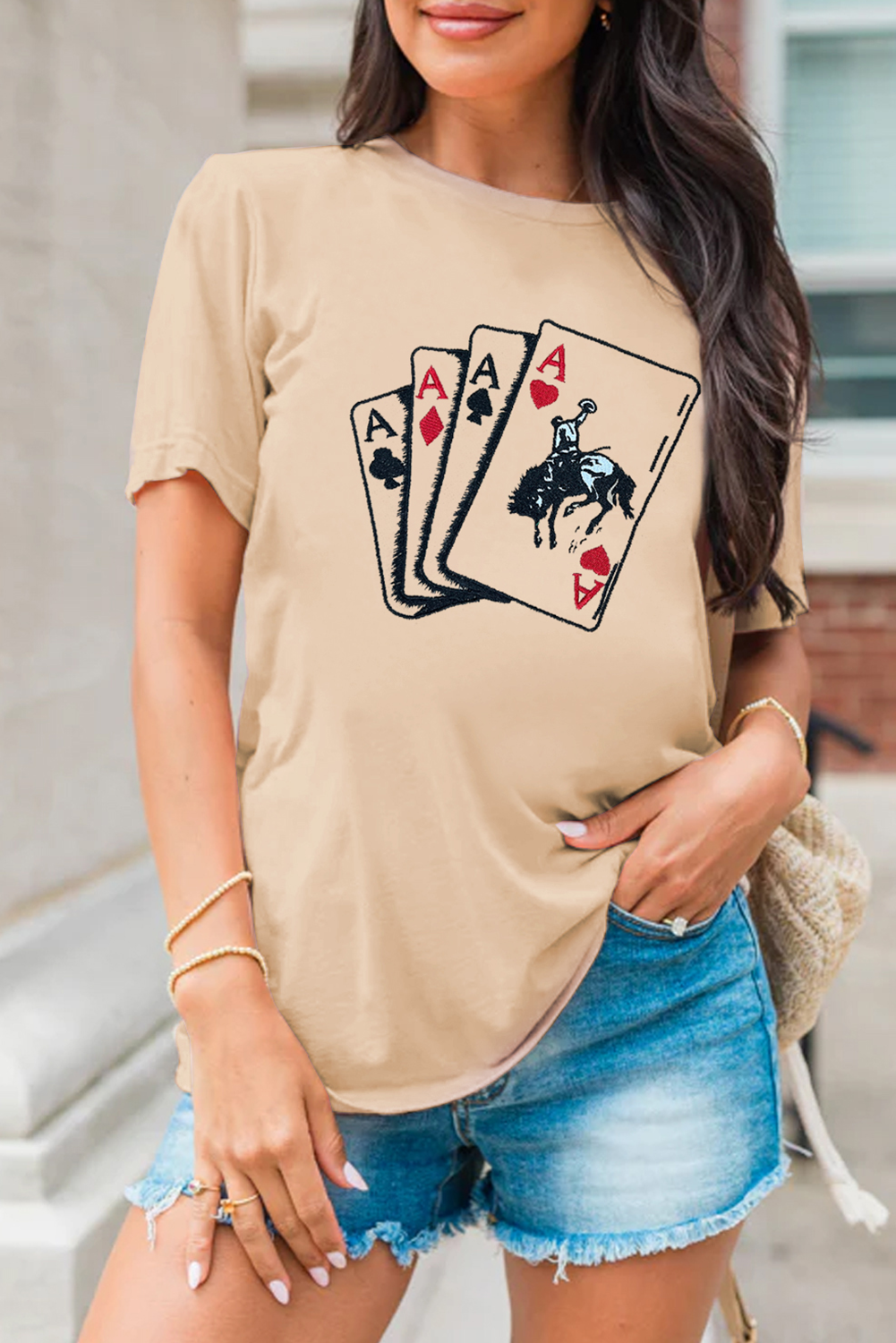Khaki Poker Queen Embroidered Graphic Tee - loveforevers