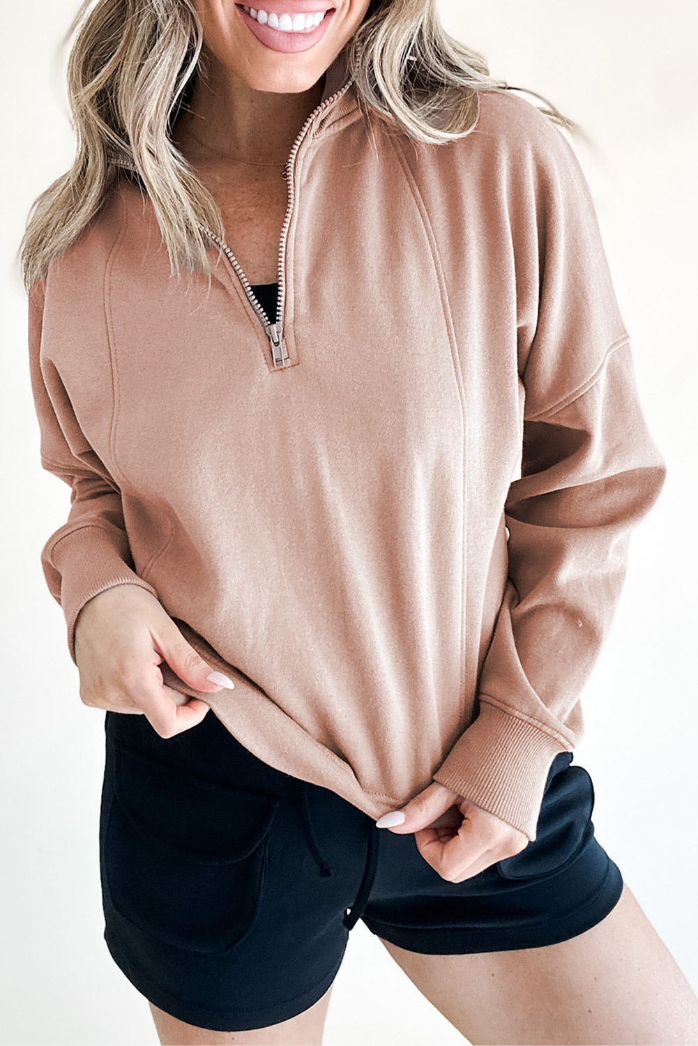 Fushia Zipped Neck Pullover Drop Shoulder Sweatshirt - loveforevers