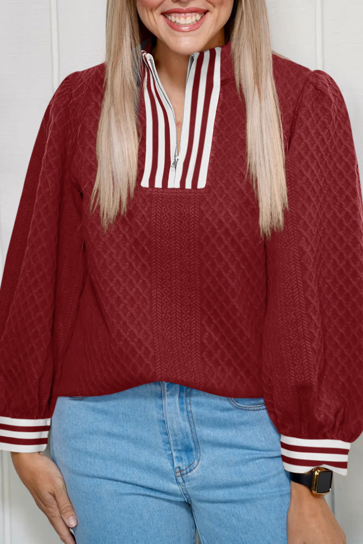 Racing Red Rhombus Textured Striped Patchwork Zip Neck Pullover Sweatshirt - loveforevers