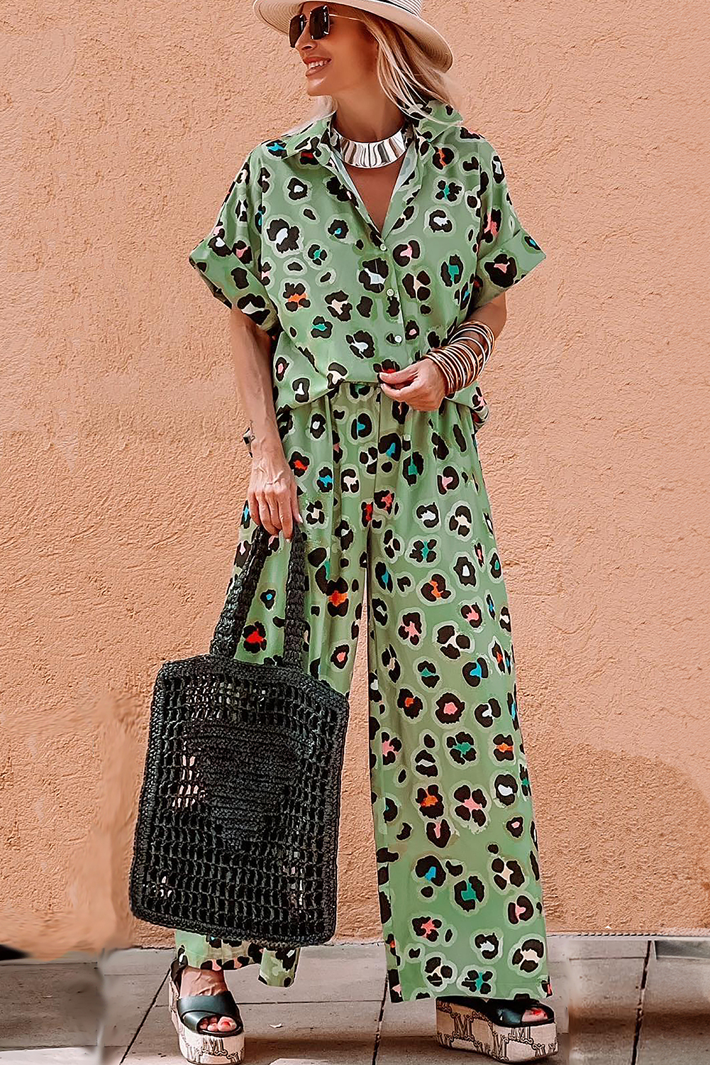 Green Leopard Print Short Sleeve Shirt and Wide Leg Pants Set - loveforevers