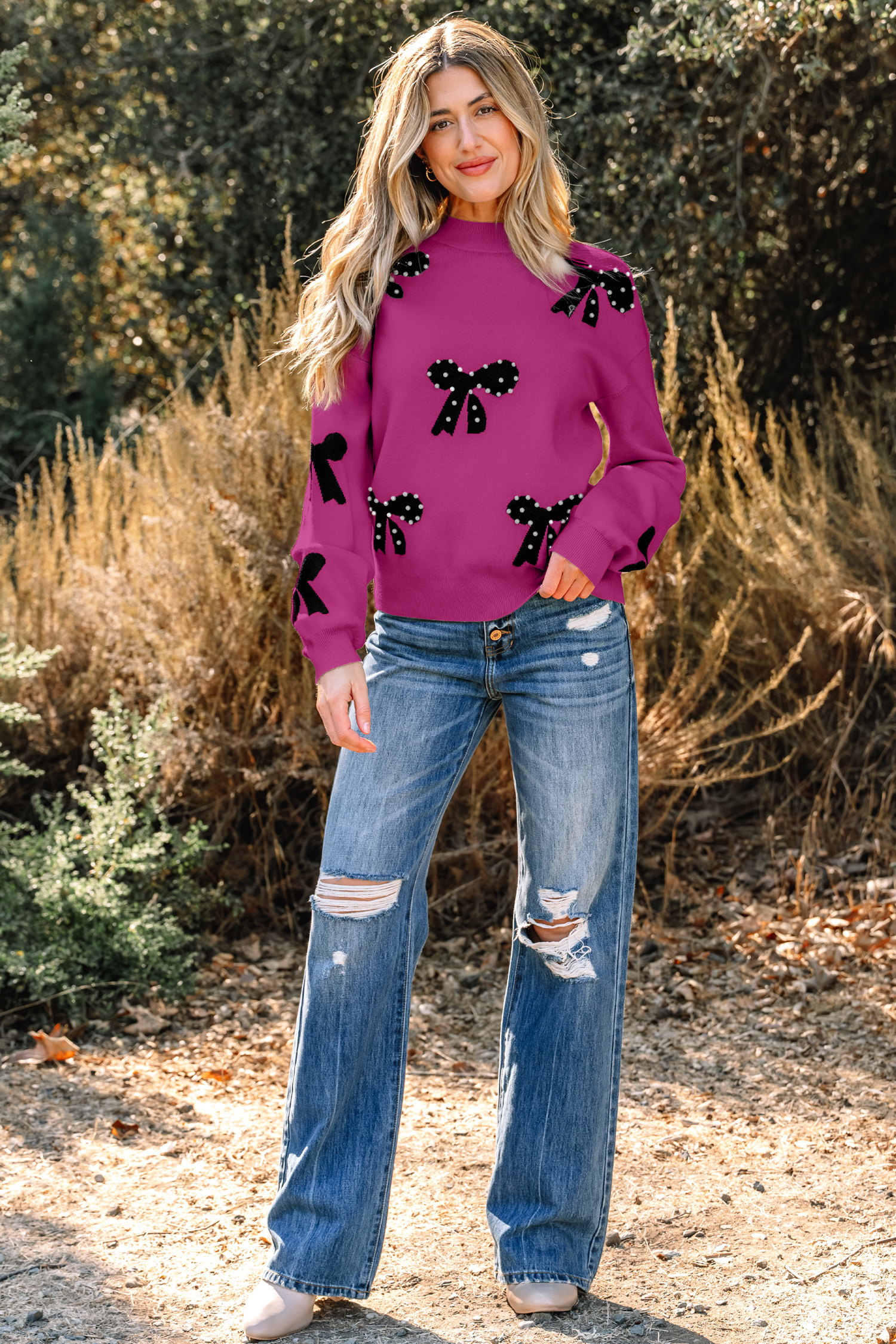 Bright Pink Pearl Embellished Bow Pattern Loose Sweater - loveforevers
