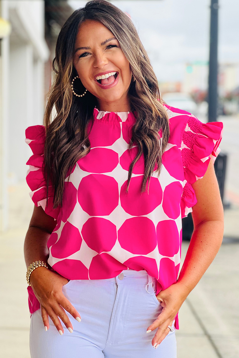 Rose Bubblegum Pattern Frilled Collar Flutter Sleeve Top - loveforevers