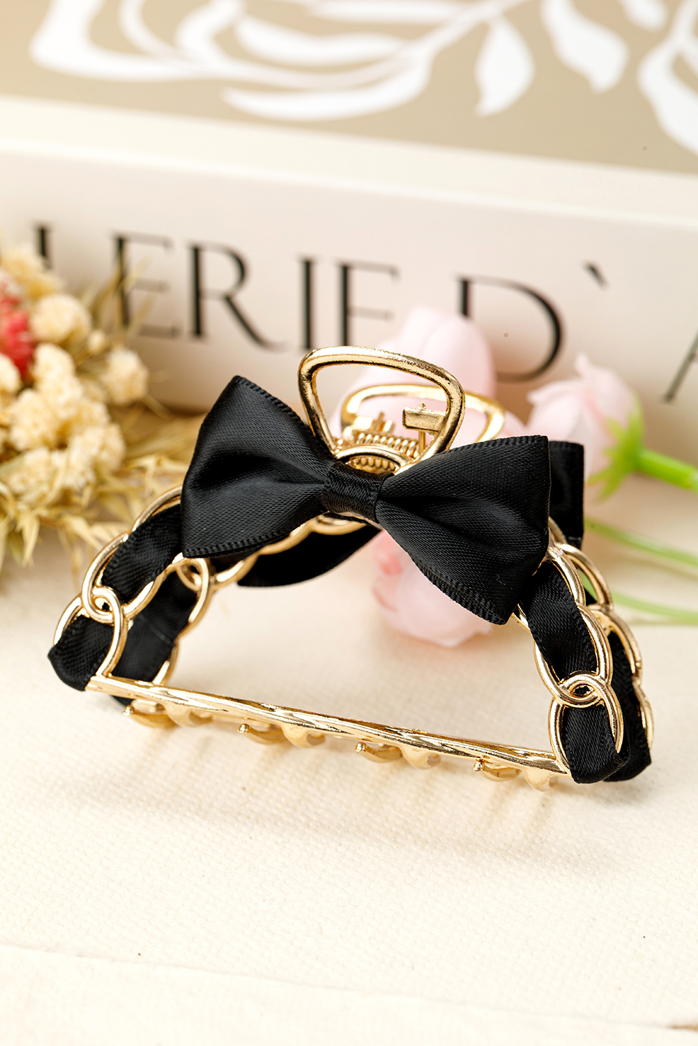 Black Ribbon Bow Detail Contrast Alloy Hair Claw Clip - loveforevers