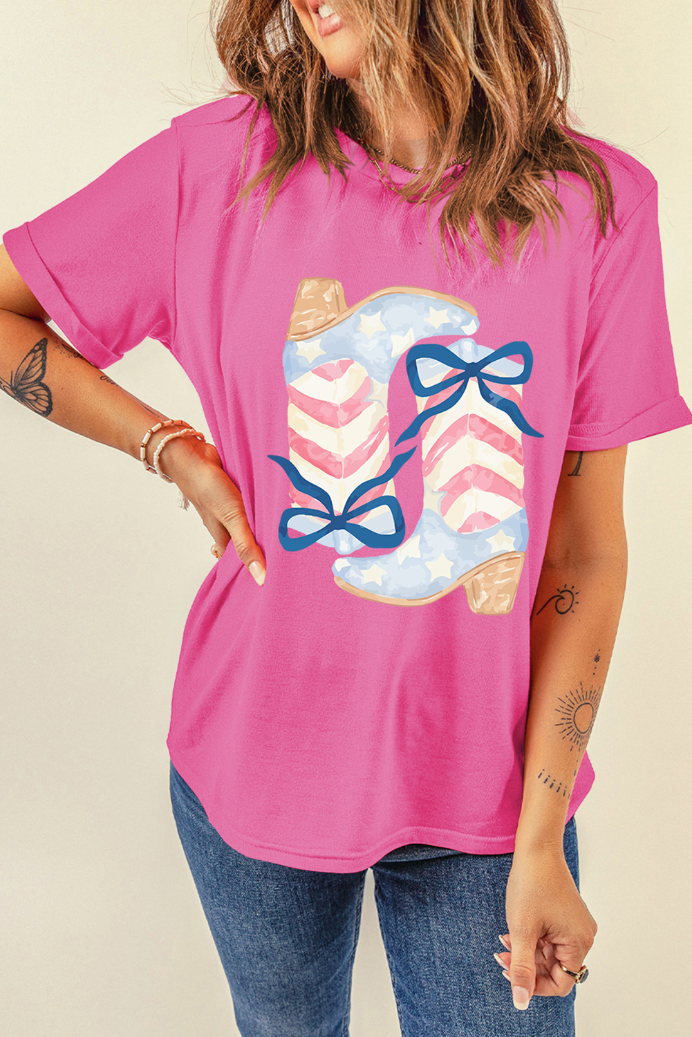 Sachet Pink Flag Pattern Boots Bow Accent Casual Graphic Tee - loveforevers