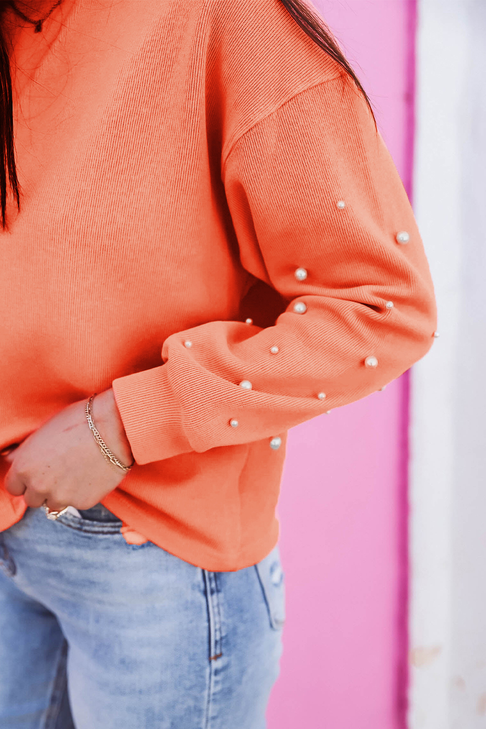 Myosotis Pearled Sleeves Drop Shoulder Round Neck Pullover Sweatshirt - loveforevers