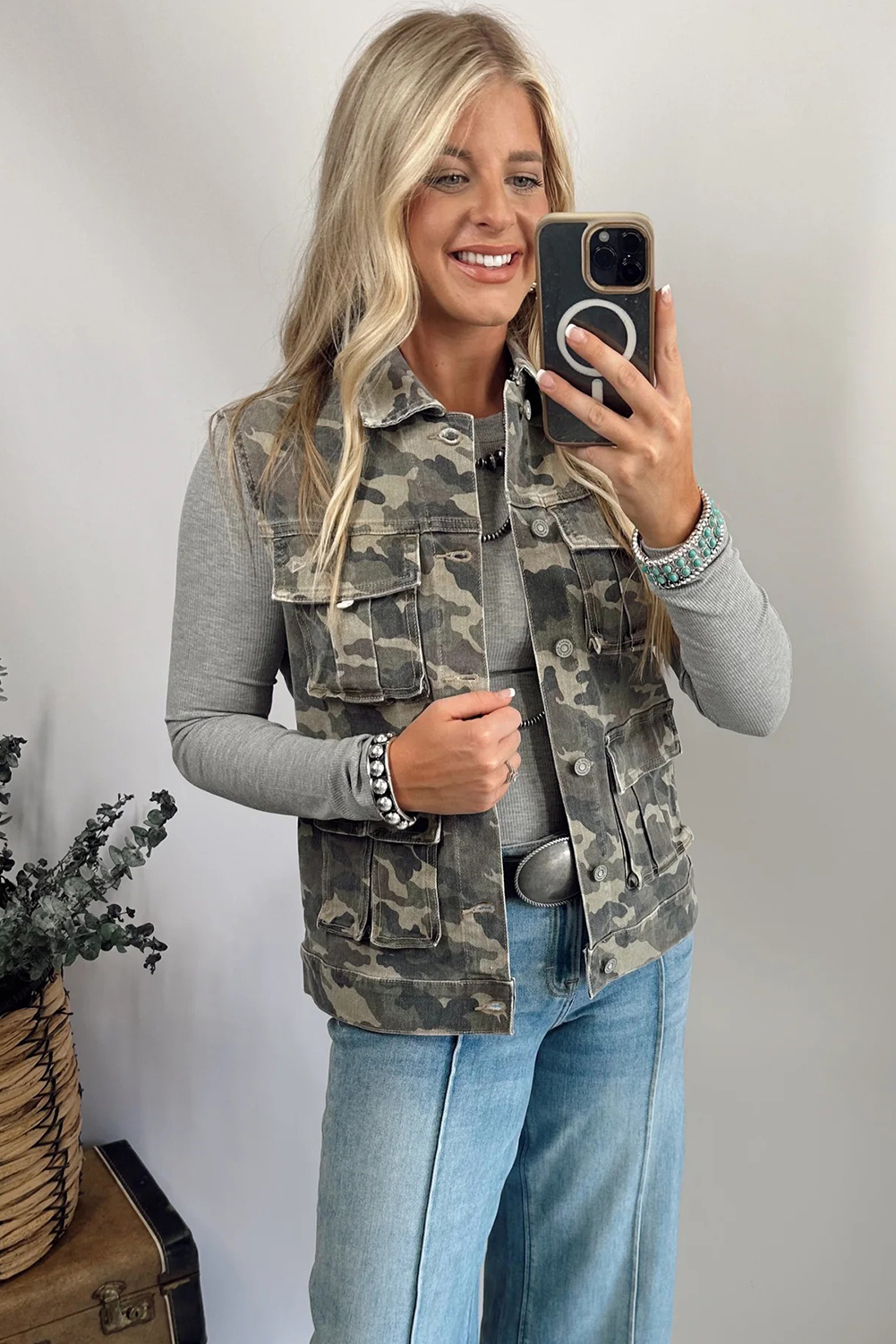 Green Camo Cargo Denim Vest - loveforevers