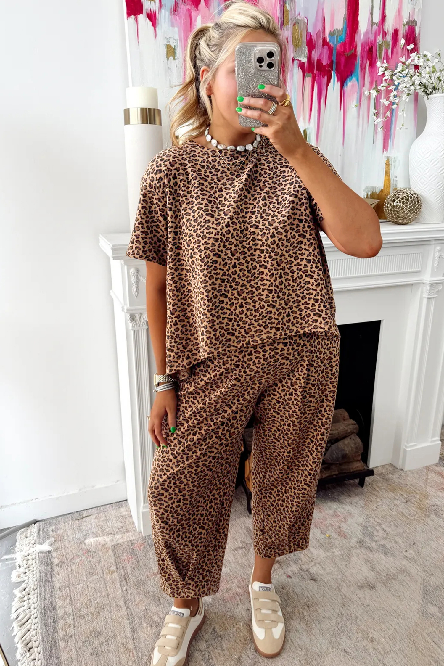 Brown Leopard Loose Tee Drawstring Waist Barrel Pants Set - loveforevers