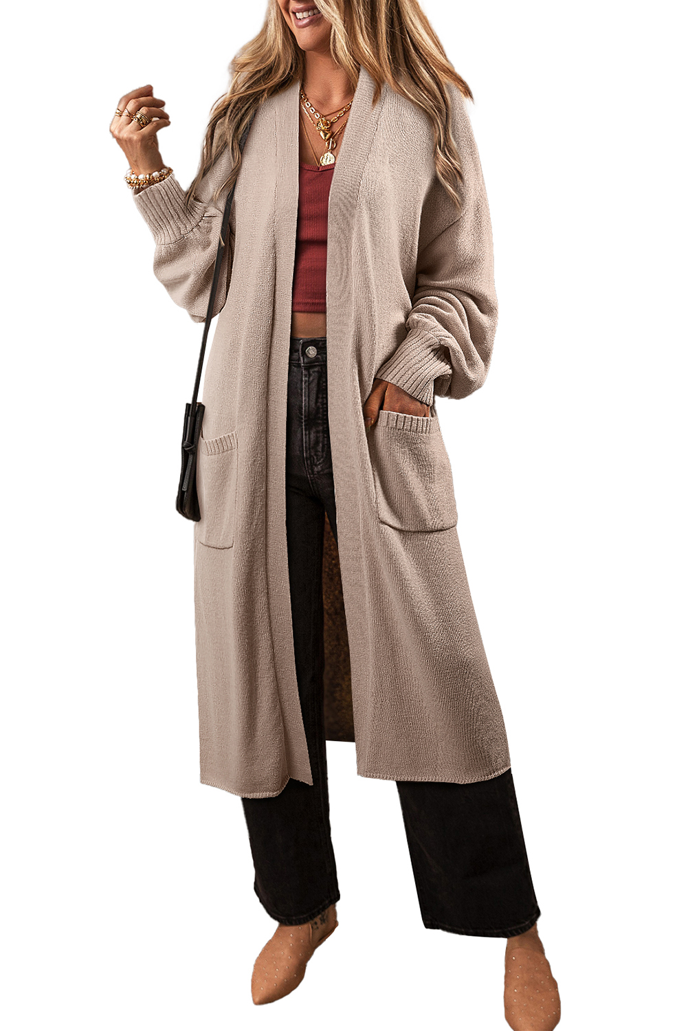 Beige Side Pockets Open Front Long Knitted Cardigan - loveforevers