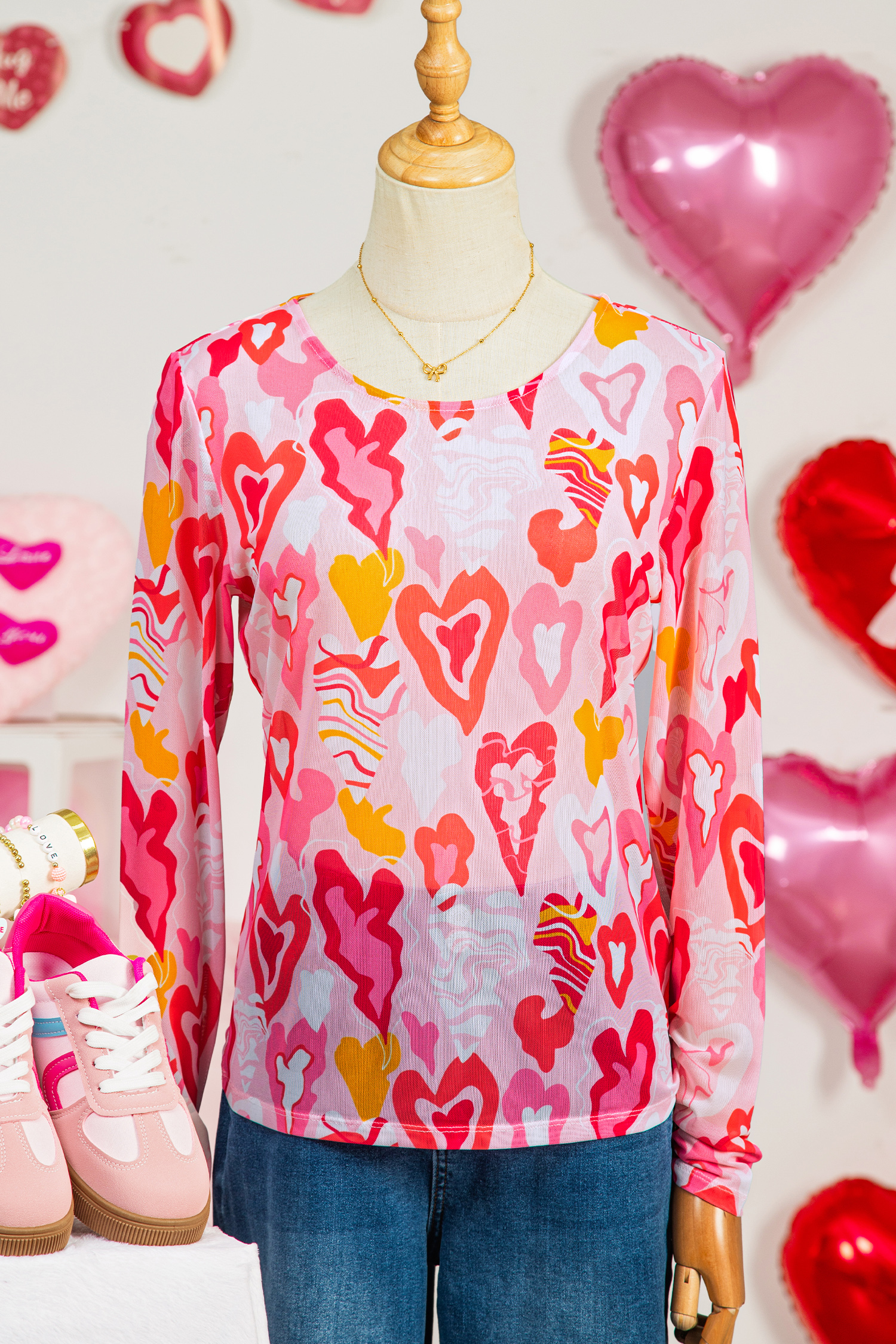 Rose Valentine Heart Mesh Long Sleeve Top - loveforevers