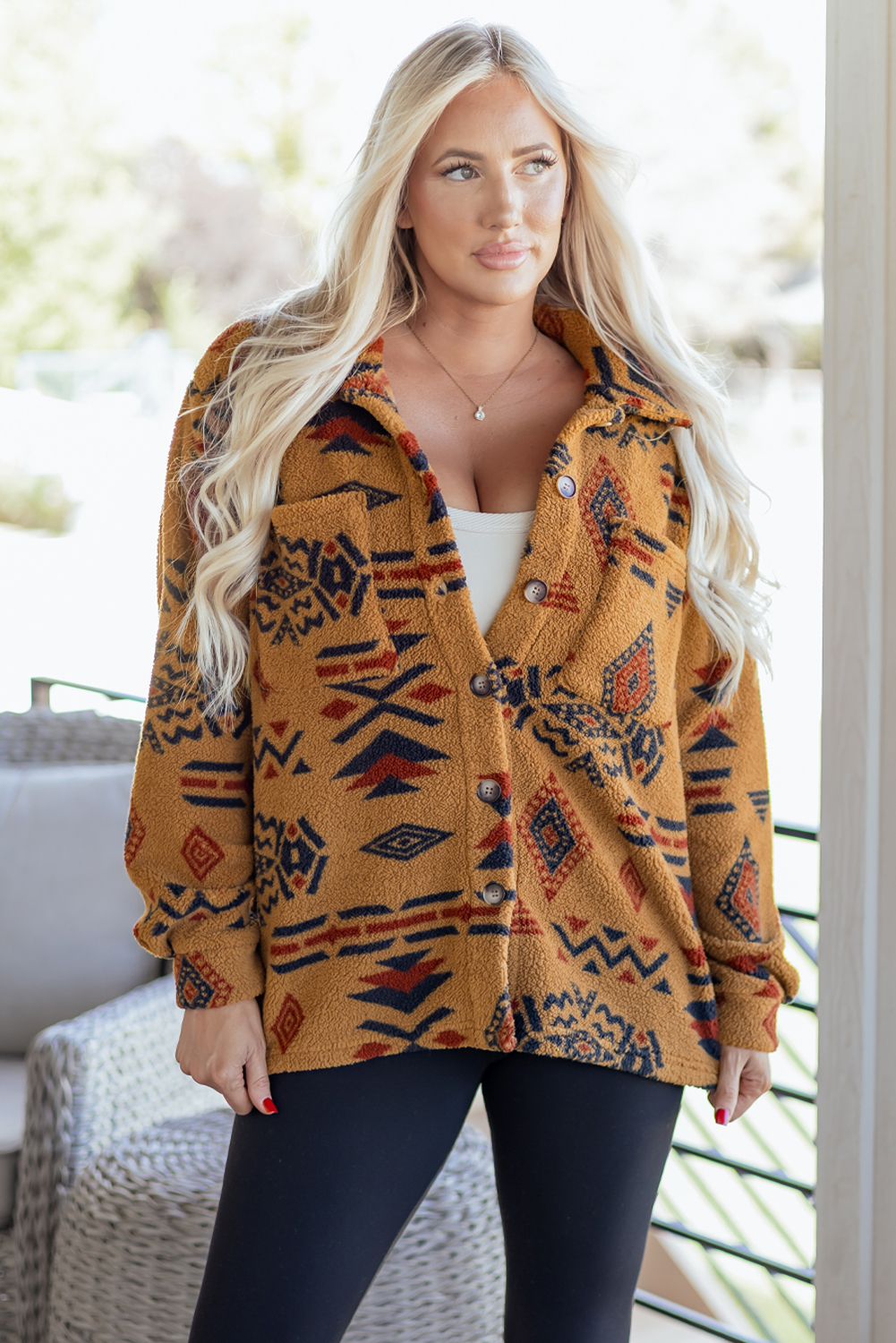 Khaki Western Aztec Pattern Fleece Shacket - loveforevers