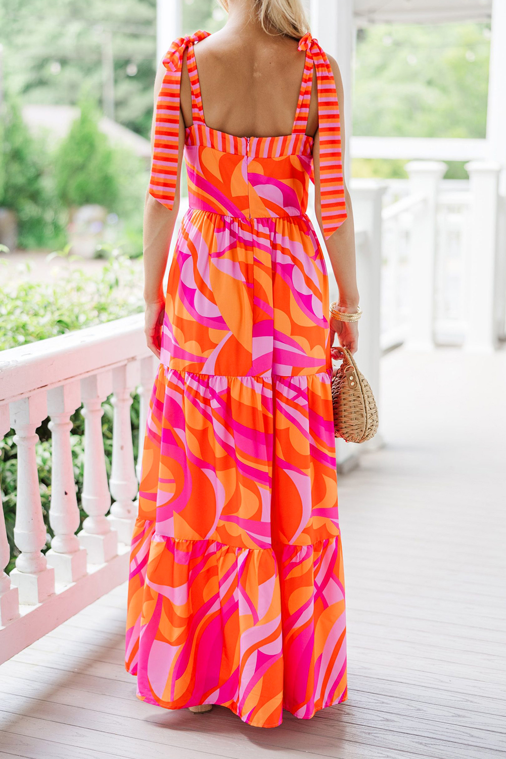 Red Abstract Print Knotted Shoulder High Waist Maxi Dress - loveforevers