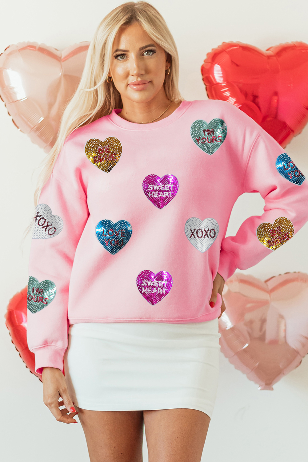 Pink Sequin Valentines Lettering Heart Patched Crewneck T Shirt - loveforevers